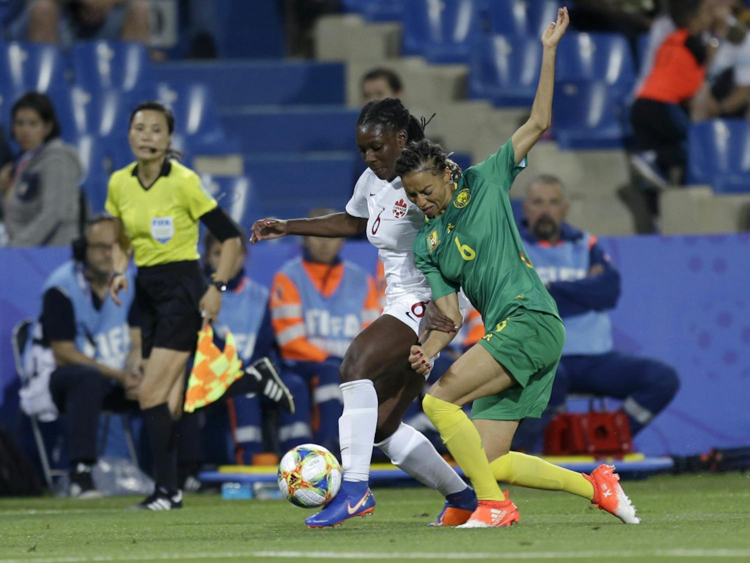 Canada’s Deanne Rose battles Cameroon’s Estelle Johnson in a FIFA Women’s World Cup match on Monday. Rose, the 2017 SEC Freshman of the Year, is a rising junior at UF.