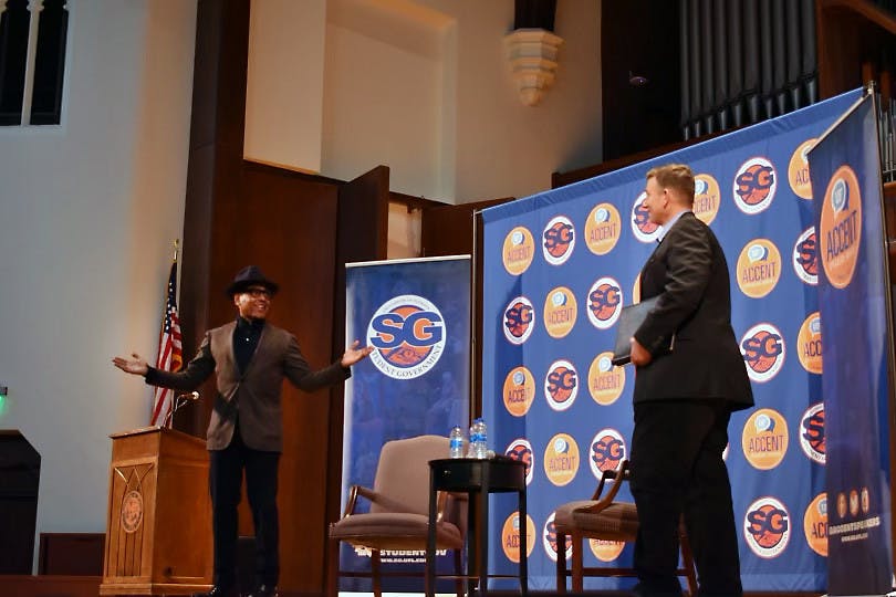 Guest speaker Giancarlo Esposito, a 64-year-old actor best known for his role in &quot;Breaking Bad,&quot; addresses the crowd of UF students and faculty before an interview conducted by Ted Spiker, chair of the UF department of journalism, Tuesday, Feb. 14, 2023. 