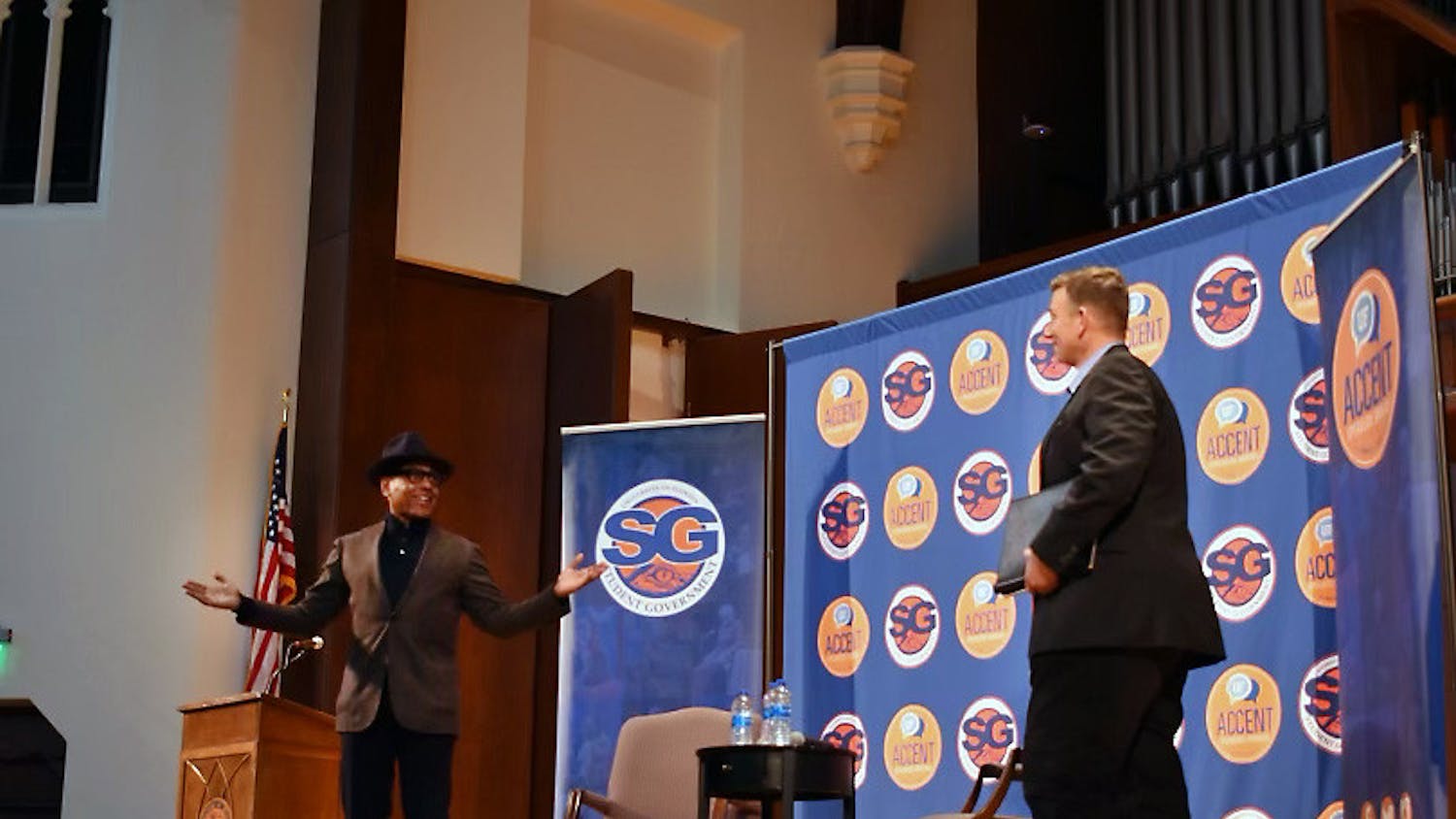 Guest speaker Giancarlo Esposito, a 64-year-old actor best known for his role in "Breaking Bad," addresses the crowd of UF students and faculty before an interview conducted by Ted Spiker, chair of the UF department of journalism, Tuesday, Feb. 14, 2023.