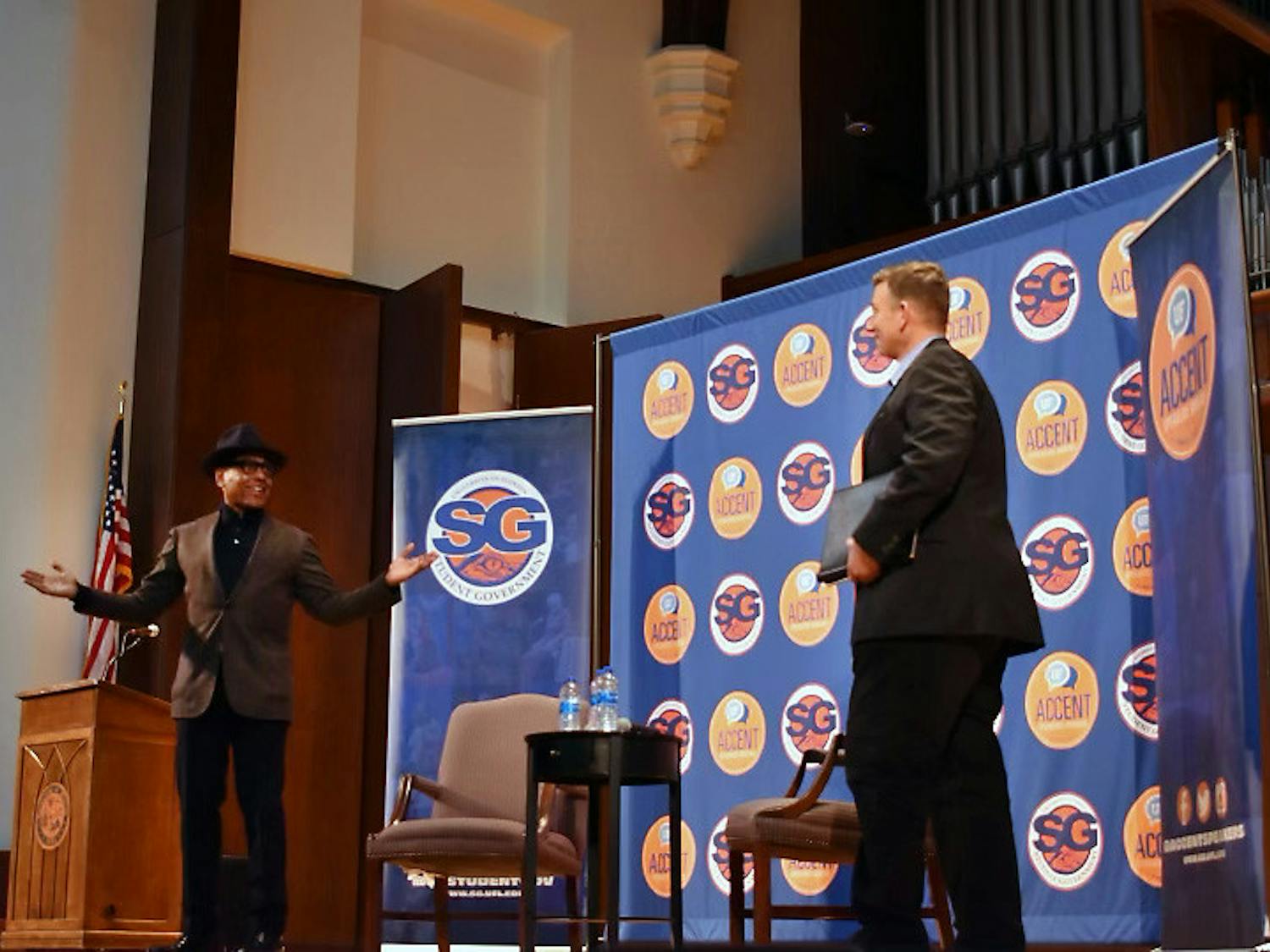 Guest speaker Giancarlo Esposito, a 64-year-old actor best known for his role in &quot;Breaking Bad,&quot; addresses the crowd of UF students and faculty before an interview conducted by Ted Spiker, chair of the UF department of journalism, Tuesday, Feb. 14, 2023. 