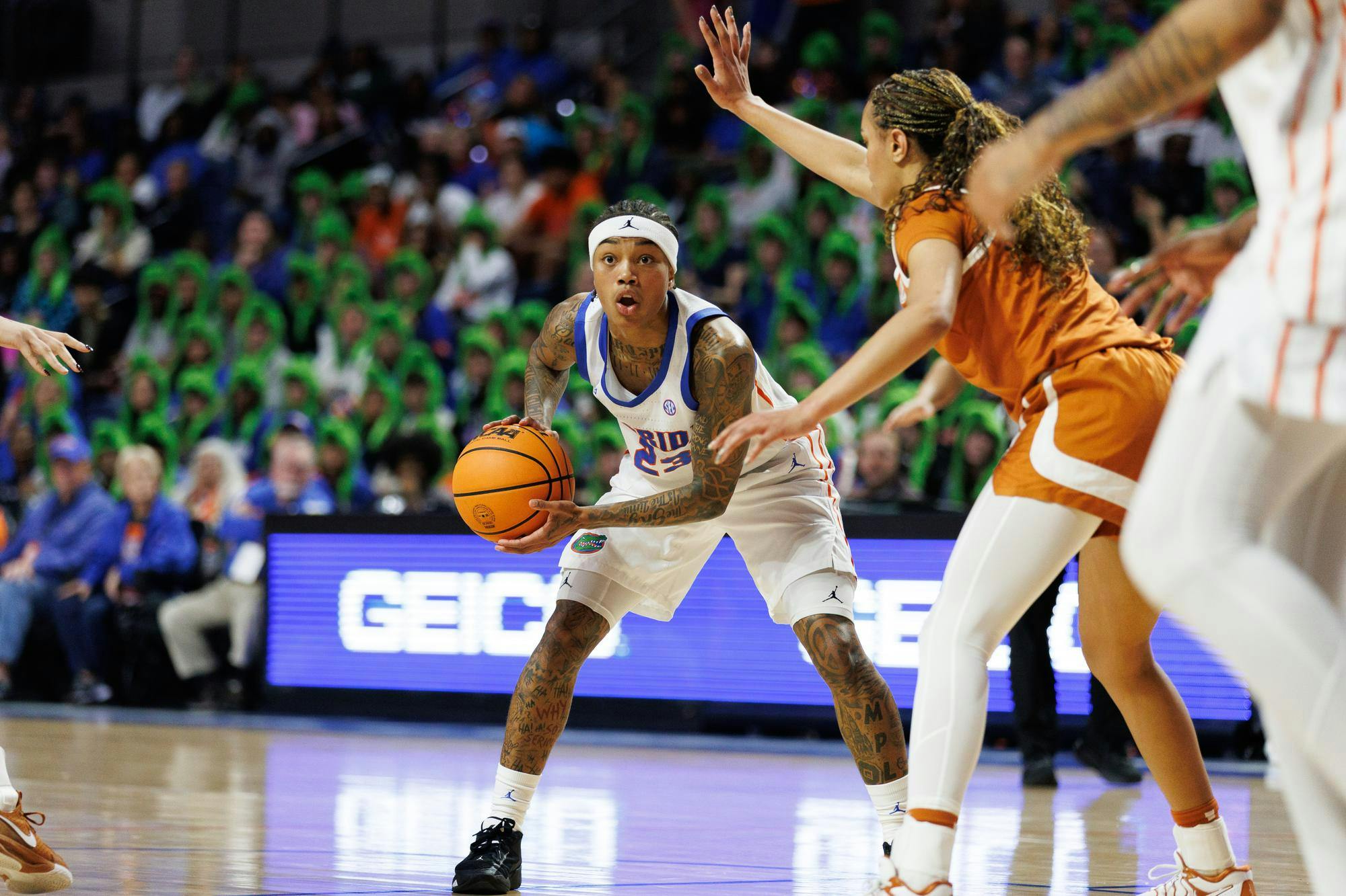 Florida guard Liv McGill (23) holds the ball during the first half of an NCAA basketball game against Texas, Thursday, Jan. 29, 2026, in Gainesville, Fla.
