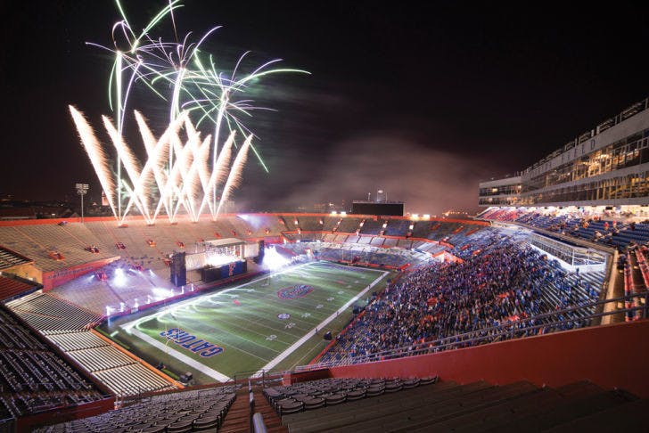 The fireworks finale over Ben Hill Griffin Stadium marks the end of the 90th annual Gator Growl during UF Homecoming Friday evening. The Fray, Sister Hazel and the UF Fightin’ Gator Marching Band performed for students, alumni and guests.