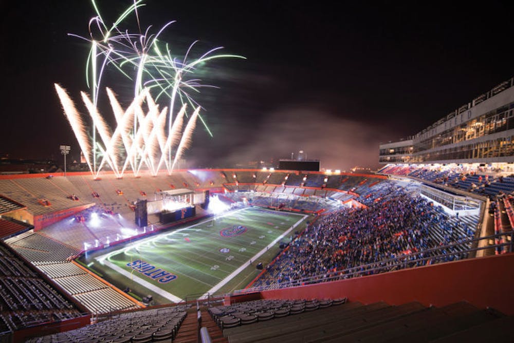 <p>The fireworks finale over Ben Hill Griffin Stadium marks the end of the 90th annual Gator Growl during UF Homecoming Friday evening. The Fray, Sister Hazel and the UF Fightin’ Gator Marching Band performed for students, alumni and guests.</p>