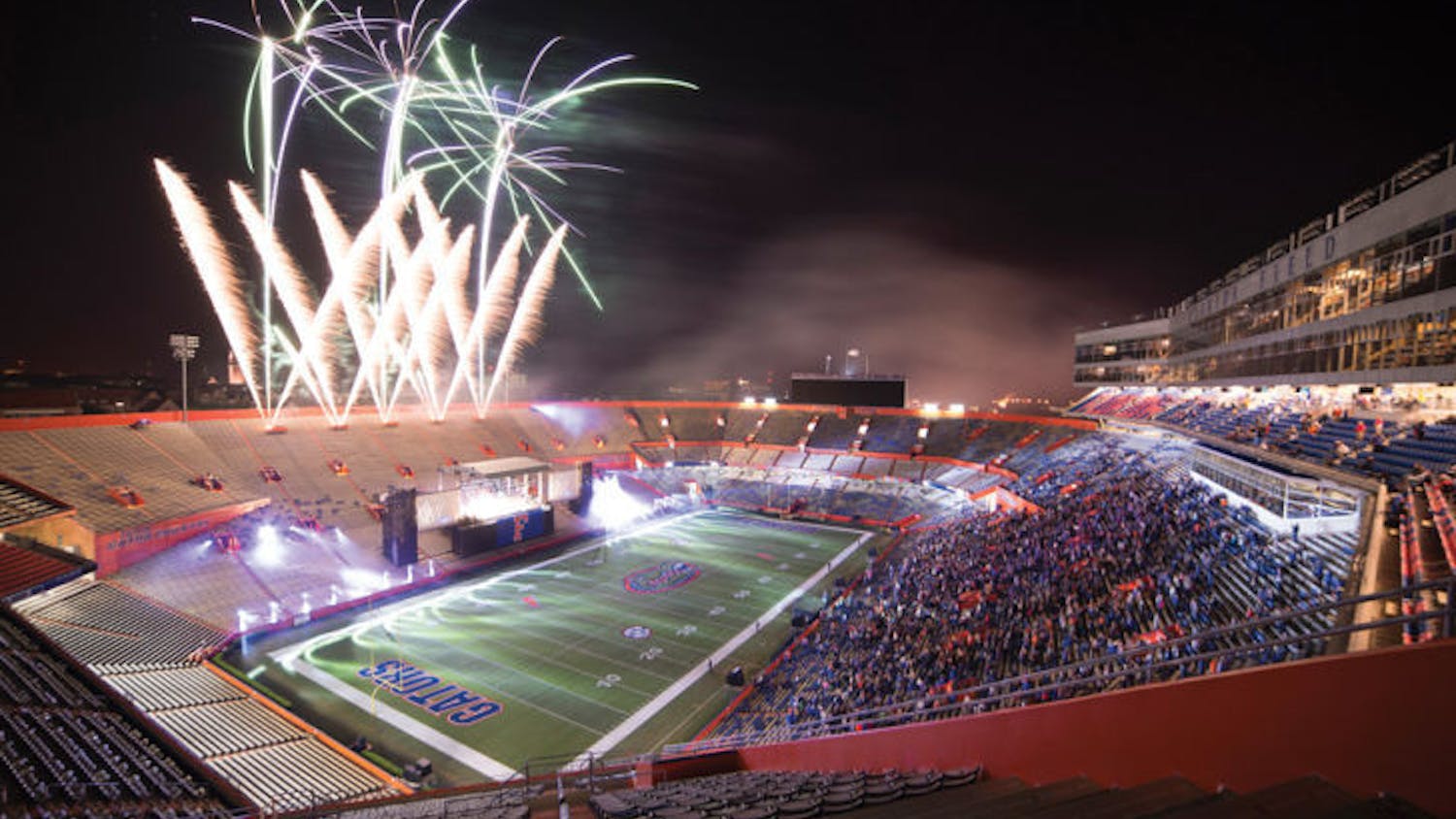 The fireworks finale over Ben Hill Griffin Stadium marks the end of the 90th annual Gator Growl during UF Homecoming Friday evening. The Fray, Sister Hazel and the UF Fightin’ Gator Marching Band performed for students, alumni and guests.