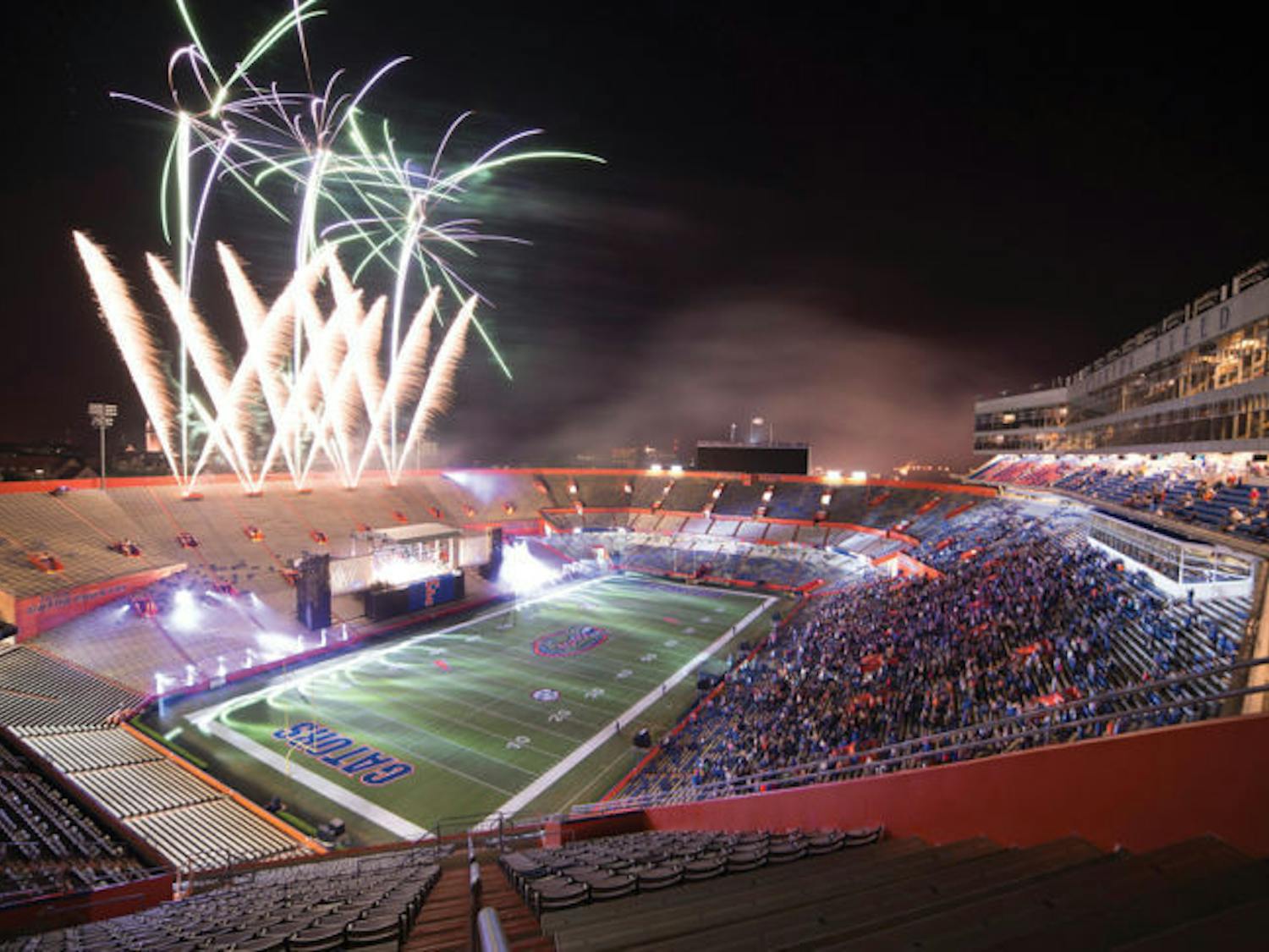 The fireworks finale over Ben Hill Griffin Stadium marks the end of the 90th annual Gator Growl during UF Homecoming Friday evening. The Fray, Sister Hazel and the UF Fightin’ Gator Marching Band performed for students, alumni and guests.