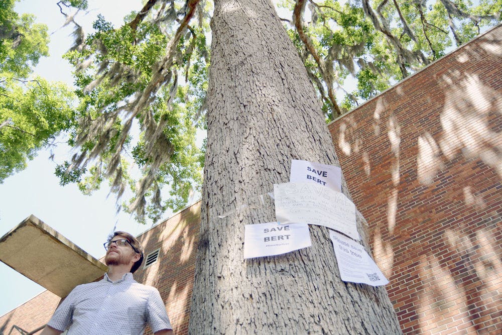 <p>Jason Smith, a 38-year-old UF forest pathology associate professor, poses on the North Lawn next to Bert, the approximately 200-year-old Bluff Oak that was threatened by the College of Engineering’s Nexus building, a proposed expansion to existing teaching and research labs.</p>