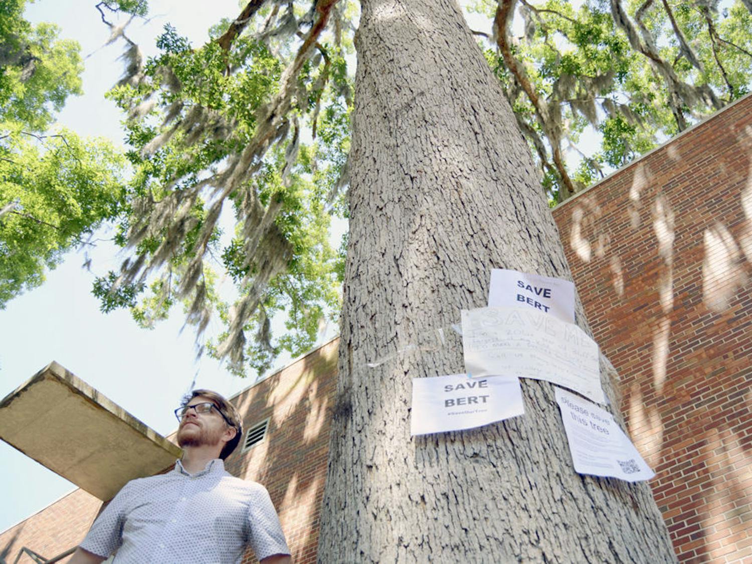 Jason Smith, a 38-year-old UF forest pathology associate professor, poses on the North Lawn next to Bert, the approximately 200-year-old Bluff Oak that was threatened by the College of Engineering’s Nexus building, a proposed expansion to existing teaching and research labs.