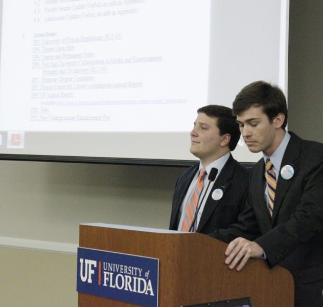 Student Body Treasurer T. J. Villamil, left, and Reitz Union Board of Managers Chairman Sean Fahy speak Thursday about the Reitz Union renovation.