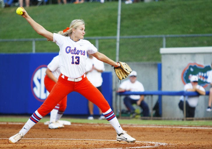 Junior Hannah Rogers pitches during Florida’s 3-2 victory against Auburn on April 13 at Pressly Stadium. Rogers had her no-hitter reversed in a 4-1 win against Drake on Saturday. The right-hander finished the game with a one-hitter.&nbsp;