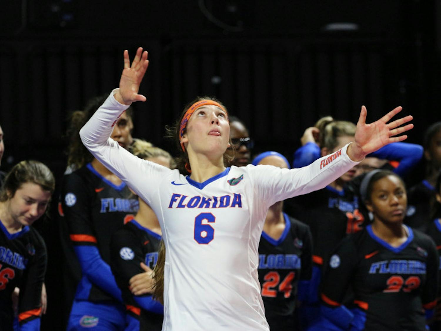 UF libero Caroline Knop serves the ball during Florida's 3-0 win against Florida A&amp;M on Friday at the O'Connell Center.