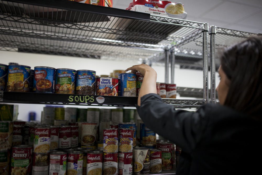 A volunteer stocking shelves with canned food at the Field and Fork Pantry on UF's campus in 2016. 