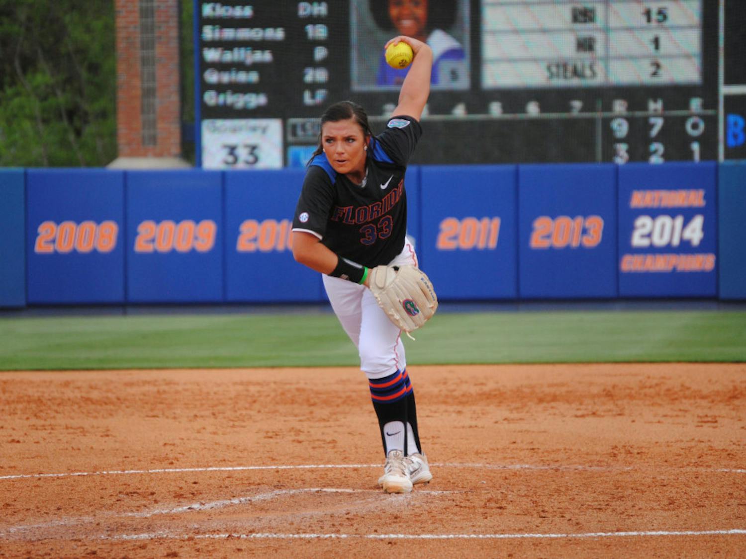 Delanie Gourley pitches during Florida's 14-10 loss to LSU on March 14, 2015, at Katie Seashole Pressly Stadium.