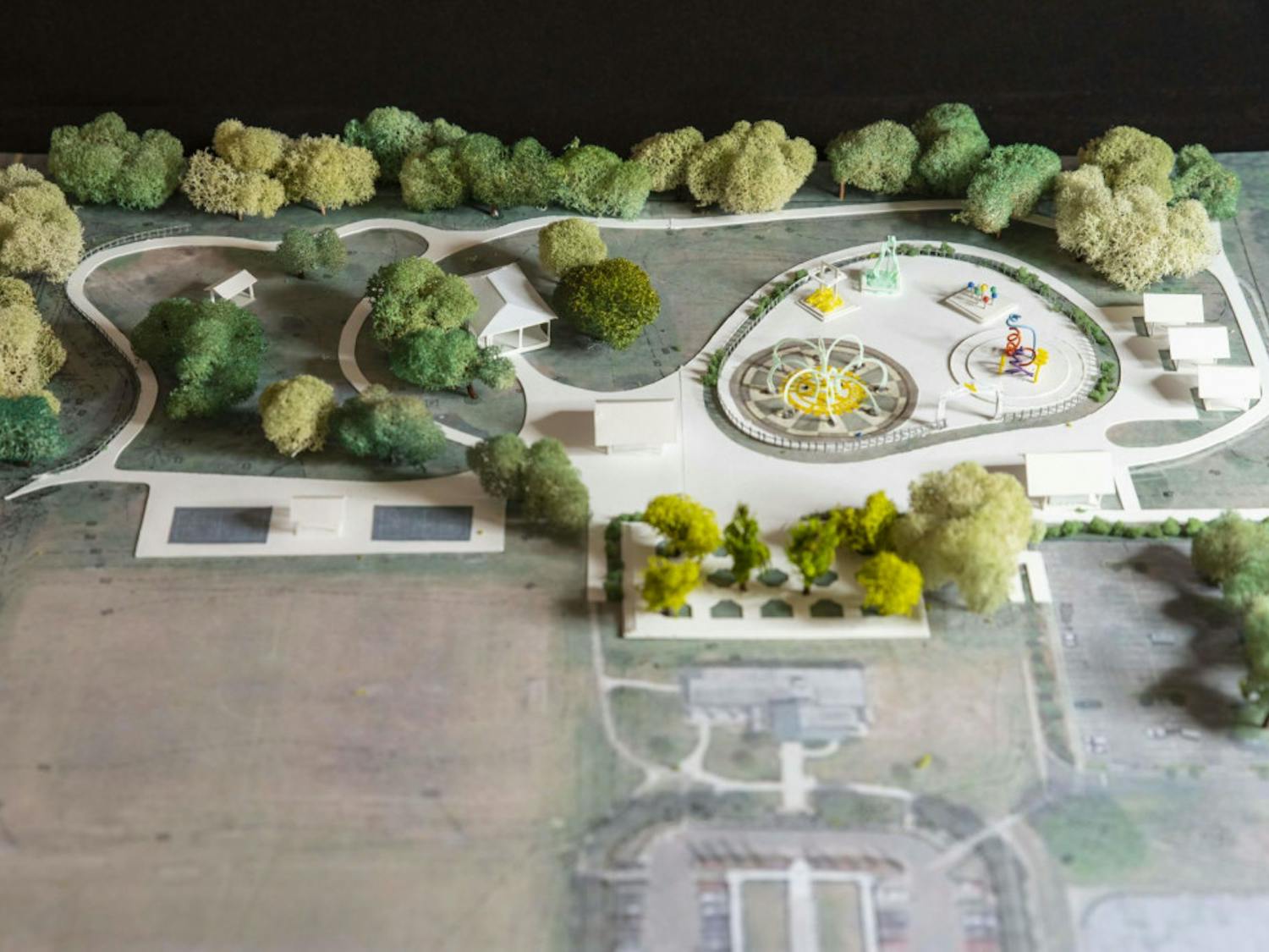 A conceptual model shows the design of a splash pad that will be constructed at Veterans Memorial Park