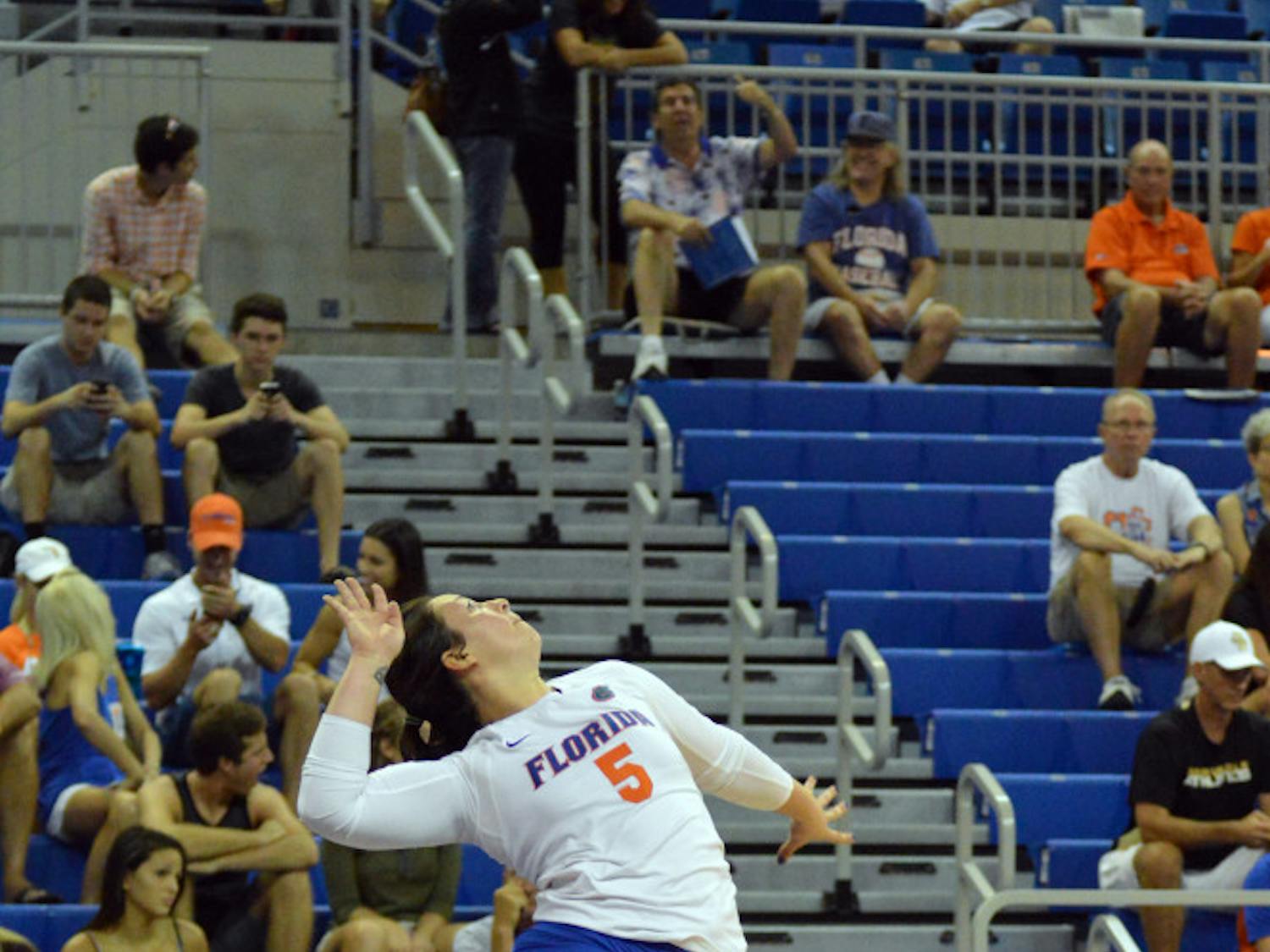 Taylor Unroe jumps to serve the ball during Florida's 3-0 win against Georgia Southern on Friday in the O'Connell Center.