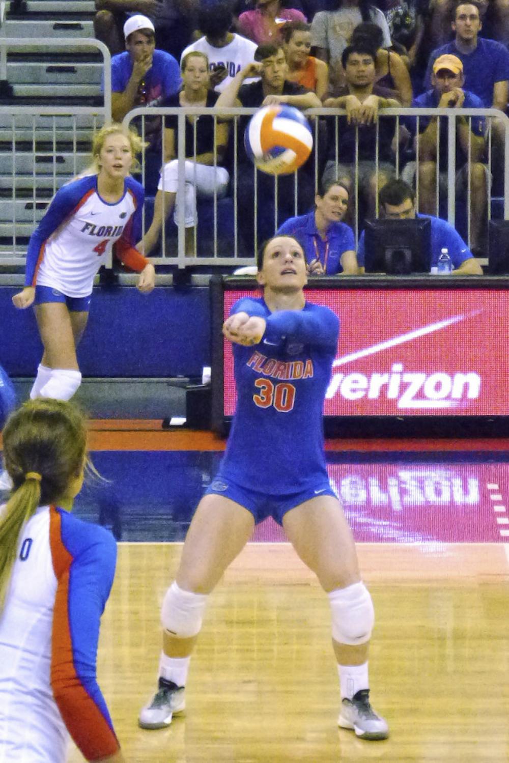 <p>Holly Pole digs the ball during Florida's 3-1 loss to Texas on Saturday Sept. 6, in the O'Connell Center</p>