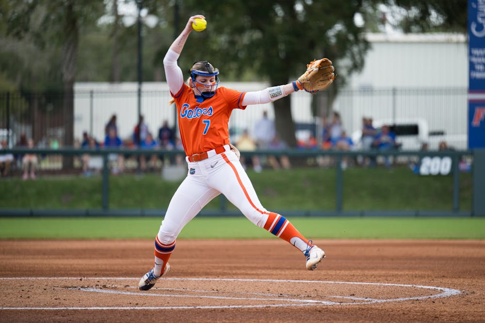 Florida Gators pitcher Keagan Rothrock (7) throws a pitch in a softball game against Boston College in Gainesville, Fla., on Saturday, Feb. 15, 2025.