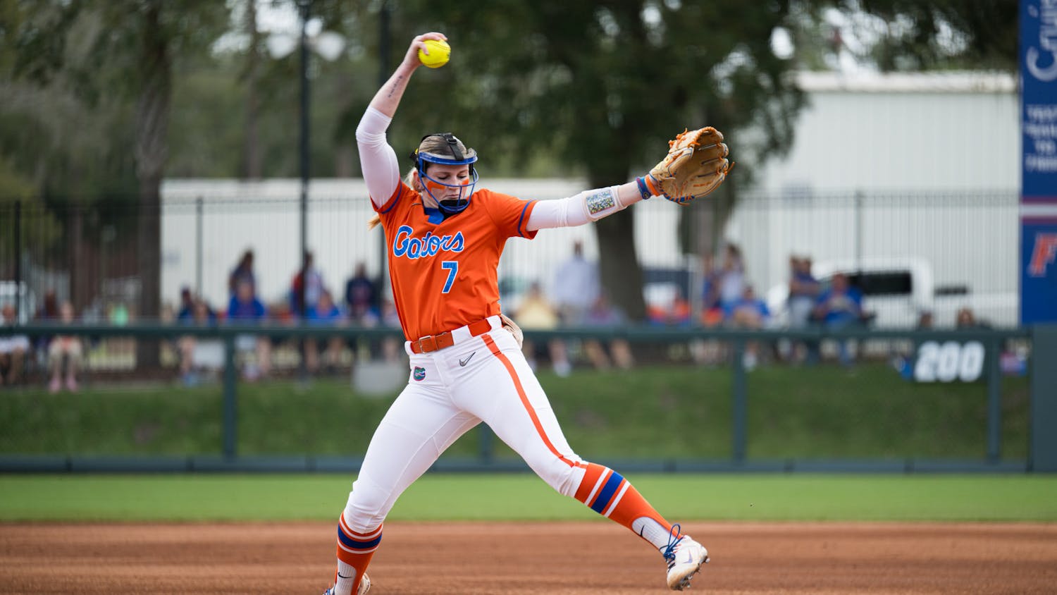 Florida Gators pitcher Keagan Rothrock (7) throws a pitch in a softball game against Boston College in Gainesville, Fla., on Saturday, Feb. 15, 2025.