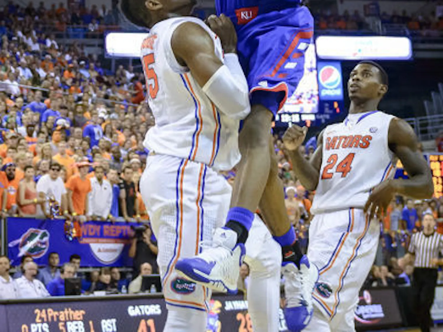 Kansas guard Andrew Wiggins (22) attempts a layup during No. 19 Florida's 67-61 win against No. 13 Kansas on Tuesday night in the O'Connell Center.