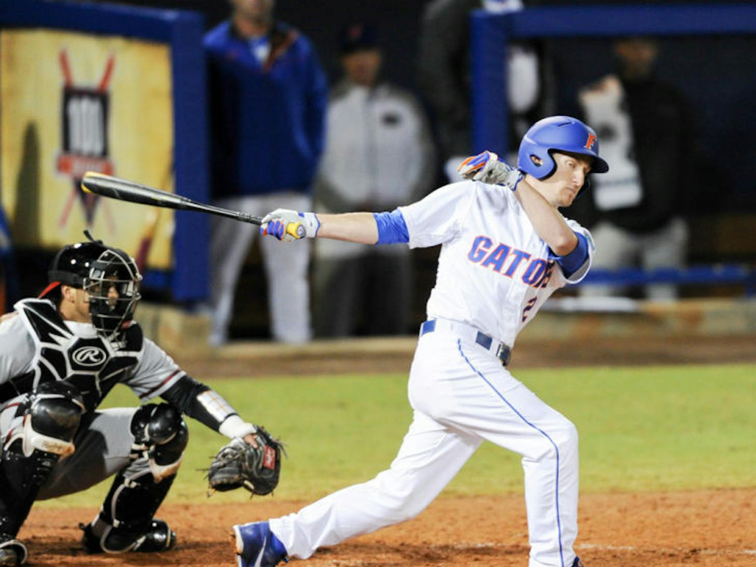 Casey Turgeon swings during Florida’s 4-0 win against Maryland on Feb. 14 at McKethan Stadium.