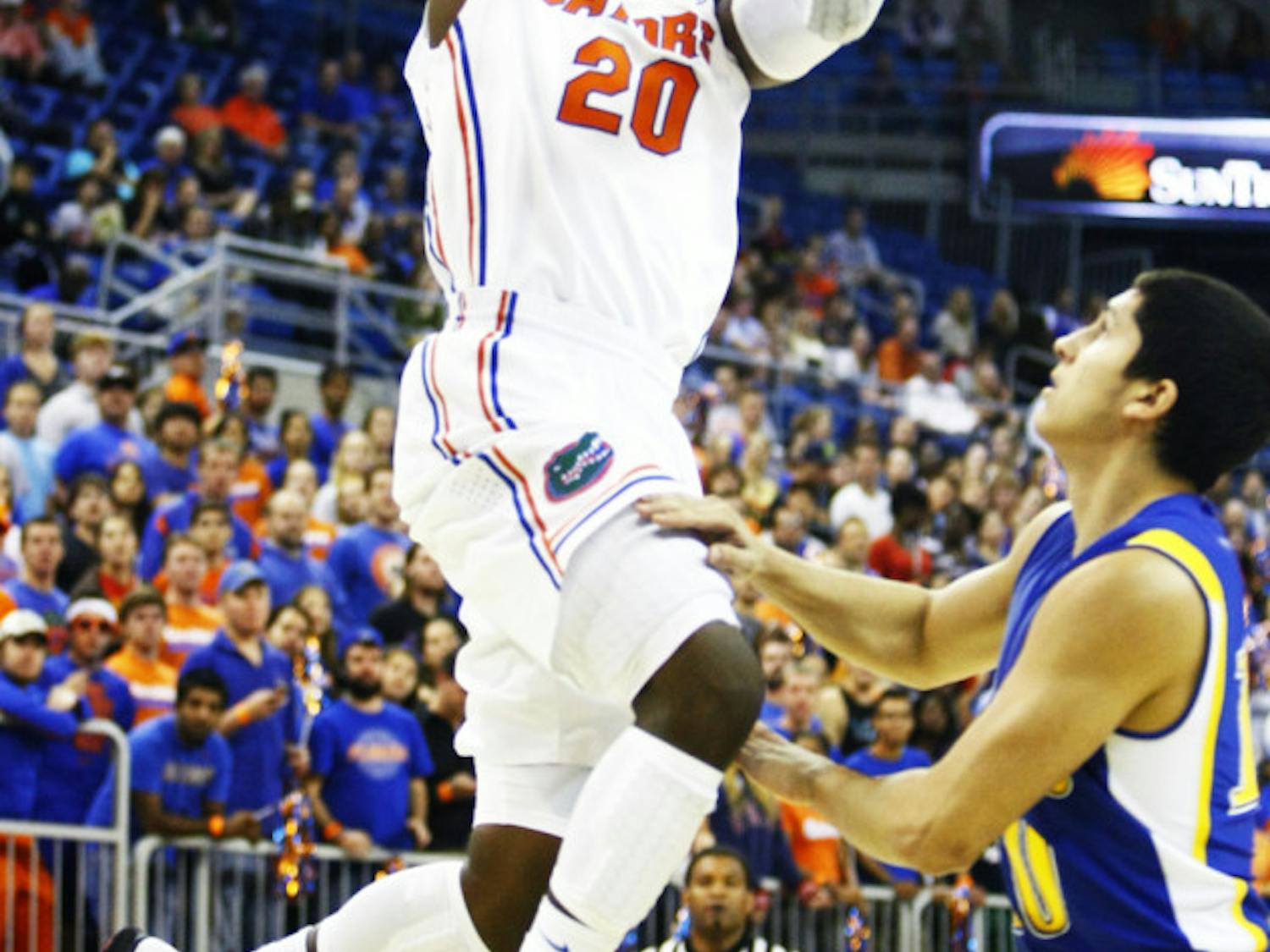 Freshman guard Michael Frazier II attempts a layup during UF’s 101-71 win against Nebraska-Kearney on Nov. 1 in the O’Connell Center. Frazier scored a team-high 17 points against Marquette on Thursday night.
