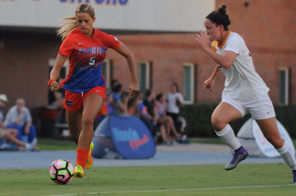 UF forward/midfielder Melanie Monteagudo dribbles down the field during Florida's 5-2 win against Iowa State on Aug. 19, 2016, at James G. Pressly Stadium.