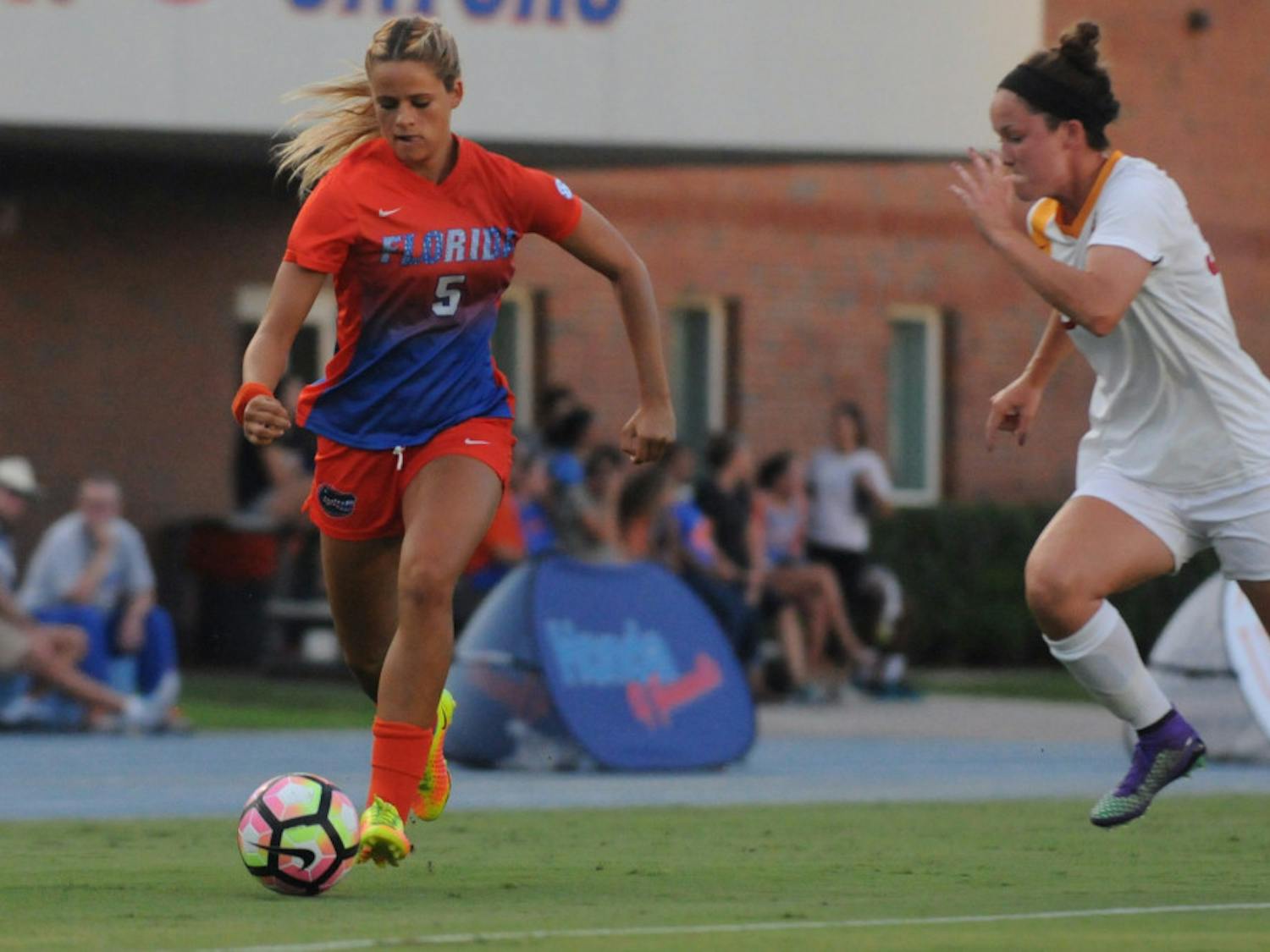 UF forward/midfielder Melanie Monteagudo dribbles down the field during Florida's 5-2 win against Iowa State on Aug. 19, 2016, at James G. Pressly Stadium.