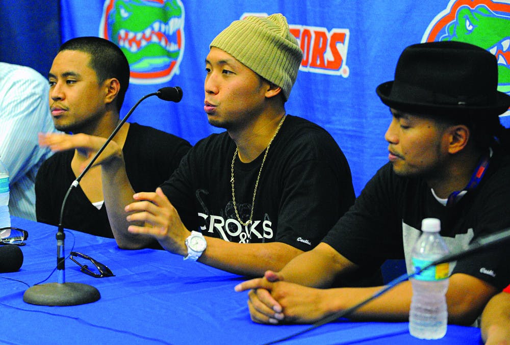 From left, Phil “Swaggerboy” Tayag, Ben “B-Tek” Chung and Chris “Cristyle” Gatdula, members of dance group Jabbawockeez, discuss their influences, including Michael Jackson and New Kids on the Block.