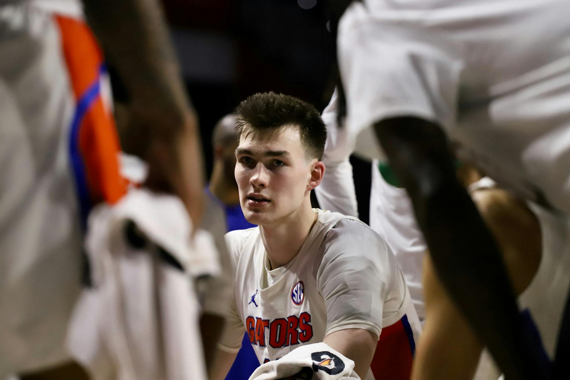 Florida forward Colin Castleton in the huddle against Iona March 16. The senior likely played his final game for the Gators Sunday versus Xavier. 