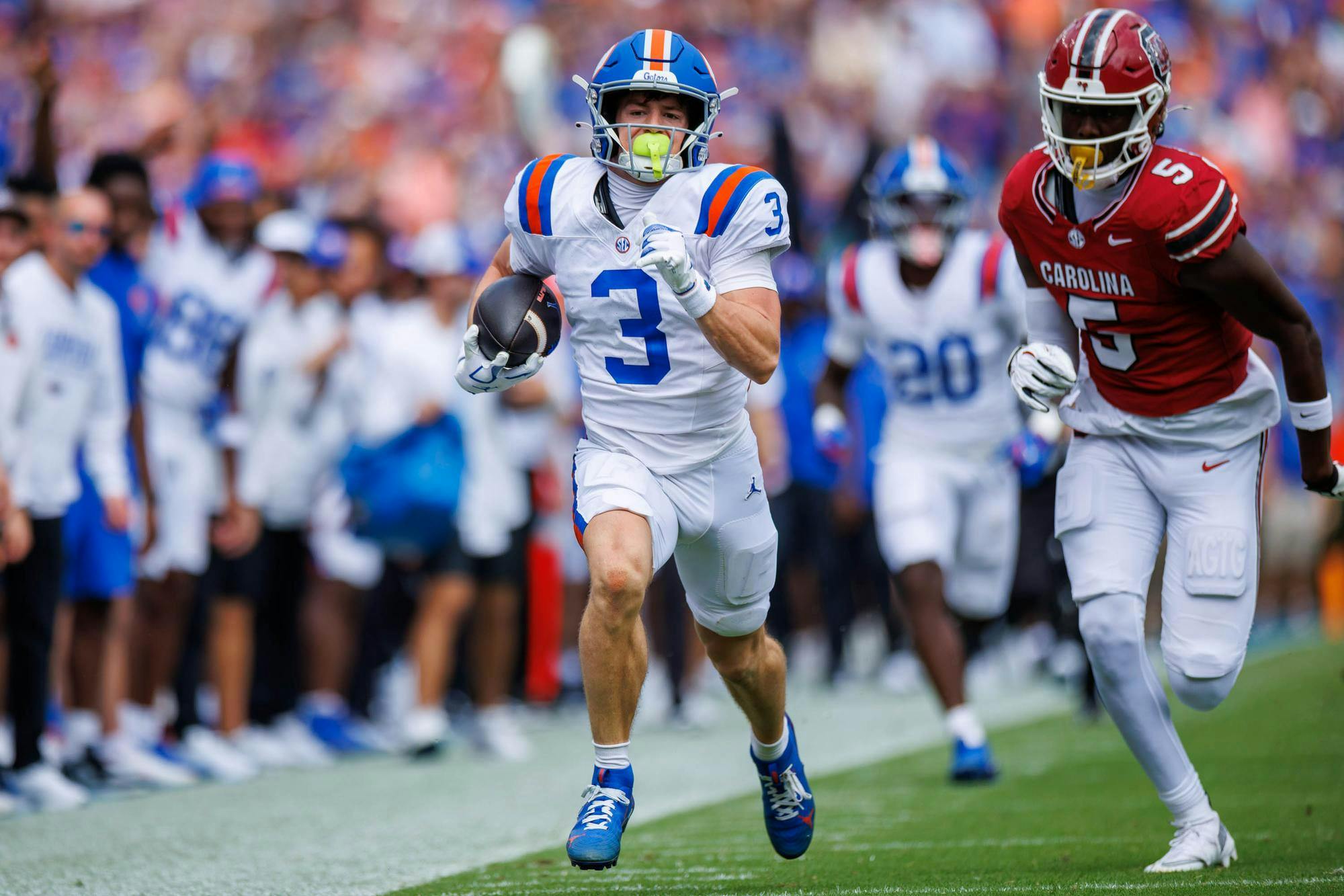 Florida wide receiver Bailey Stockton (3) runs to the end zone during the first half of an NCAA college football game against South Carolina, Saturday, Oct. 10, 2026, in Gainesville, Fla.