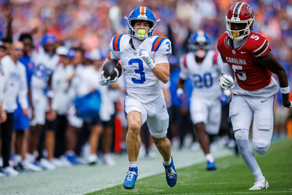 Florida wide receiver Bailey Stockton (3) runs to the end zone during the first half of an NCAA college football game against South Carolina, Saturday, Oct. 10, 2026, in Gainesville, Fla.