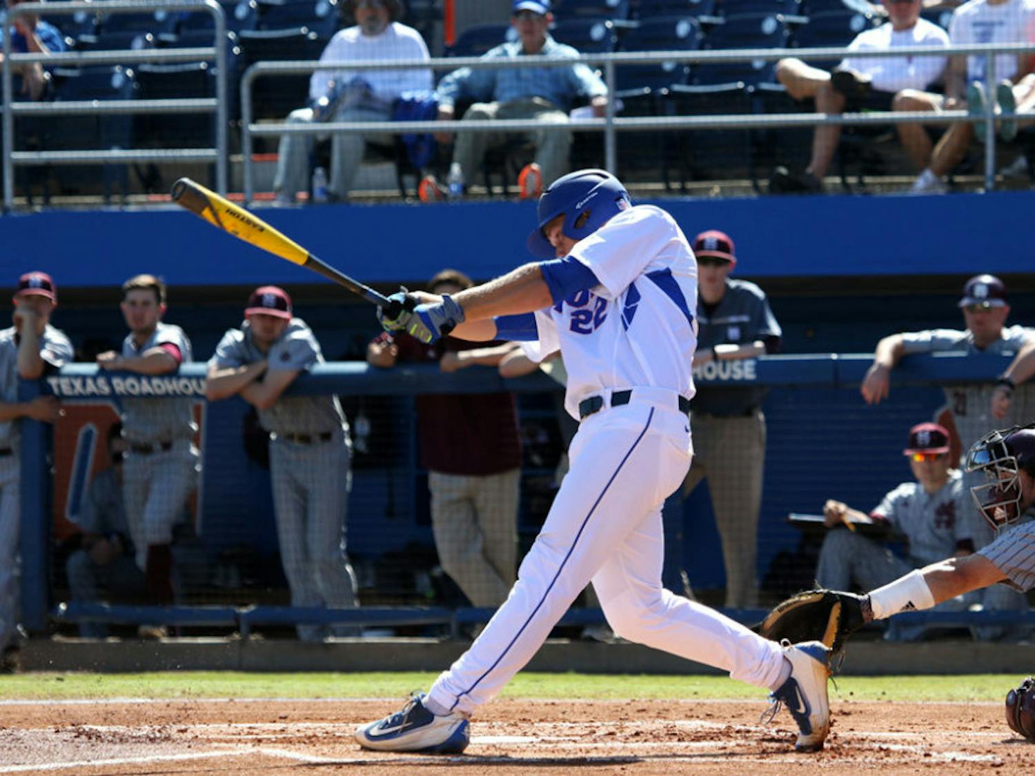 JJ Schwarz follows through on a swing during Florida's 2-1 loss to Mississippi State on April 10, 2016 at McKethan Stadium.