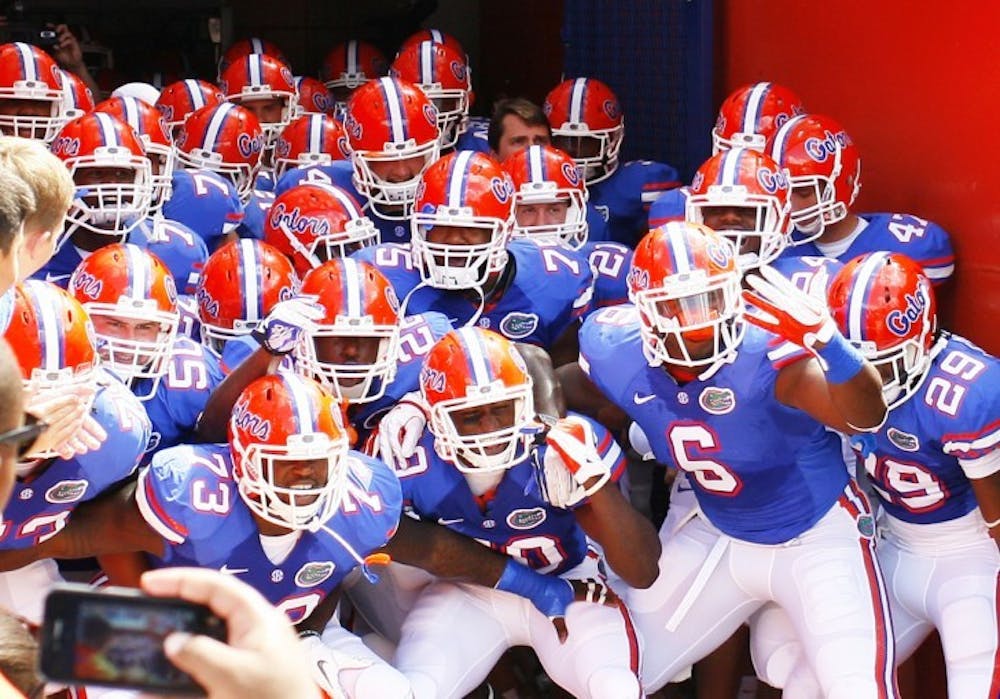 <p>Gators prepare to run out of the tunnel before playing Bowling Green on Sept. 1 at Ben Hill Griffin Stadium. Florida pulled away in the fourth quarter en route to a 27-14 win.</p>