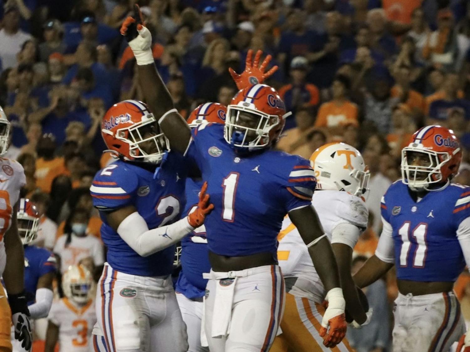 Florida's Brenton Cox celebrates during a play in a game against Tennessee on Sept. 18.