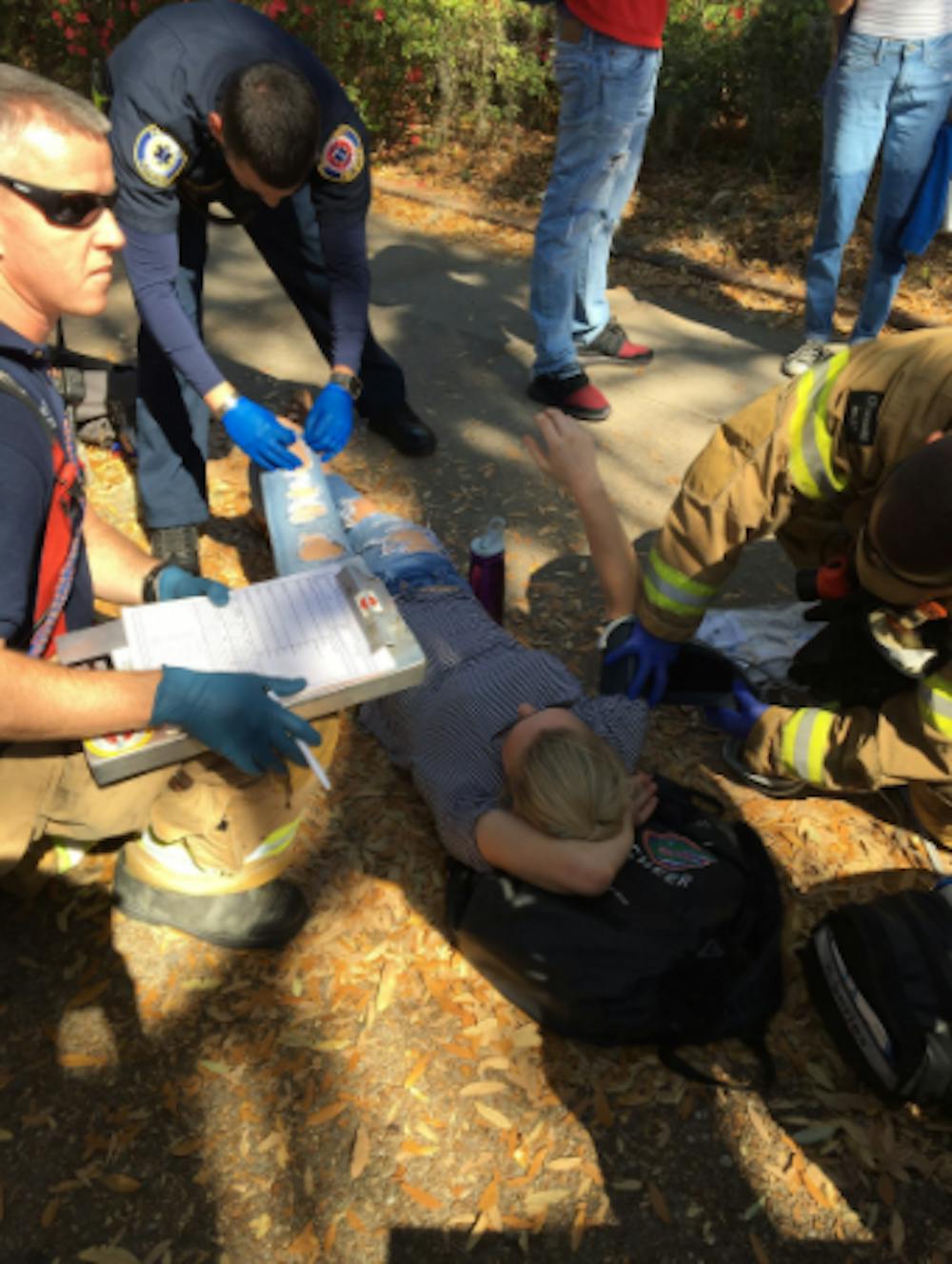 <p>An EMT responds to <span id="docs-internal-guid-4473ddcc-4e17-af4b-1e77-9ca5b36112d8"><span>Meredith Huggins who was</span></span>&nbsp;hit by a car while on her scooter. She had leg pain and struggling to straighten her leg.</p>