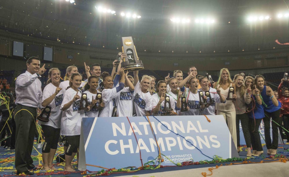 <p>The Florida gymnastics team celebrates wining the NCAA National Championship on Saturday, April 18, 2015 in Fort Worth, Texas.</p>