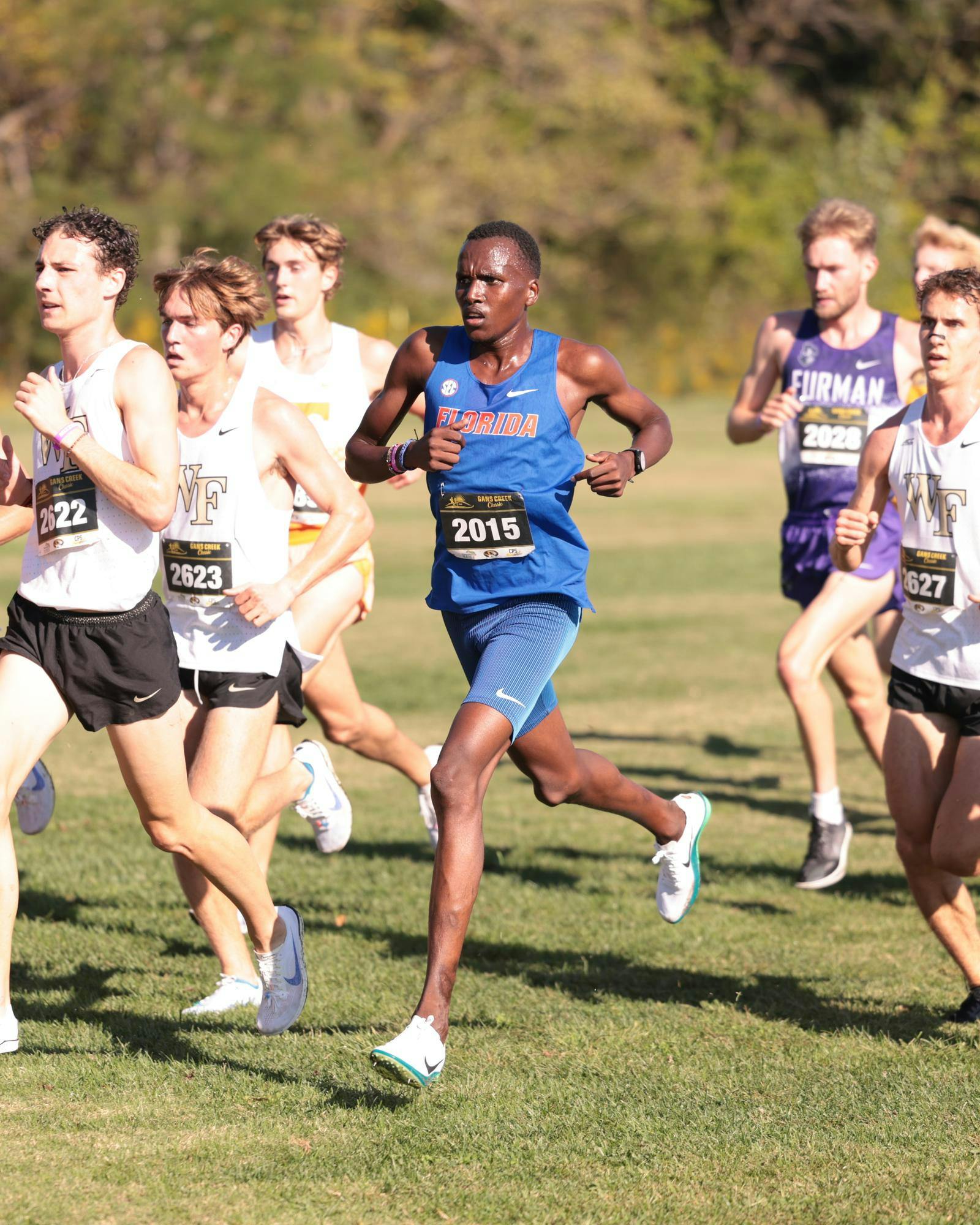 Kelvin Cheruiyot runs during the Gans Creek Classic cross country meet on Friday, September 26, 2025 at Missouri in Columbia, Miz. / UAA Communications photo by Dylan Cannella