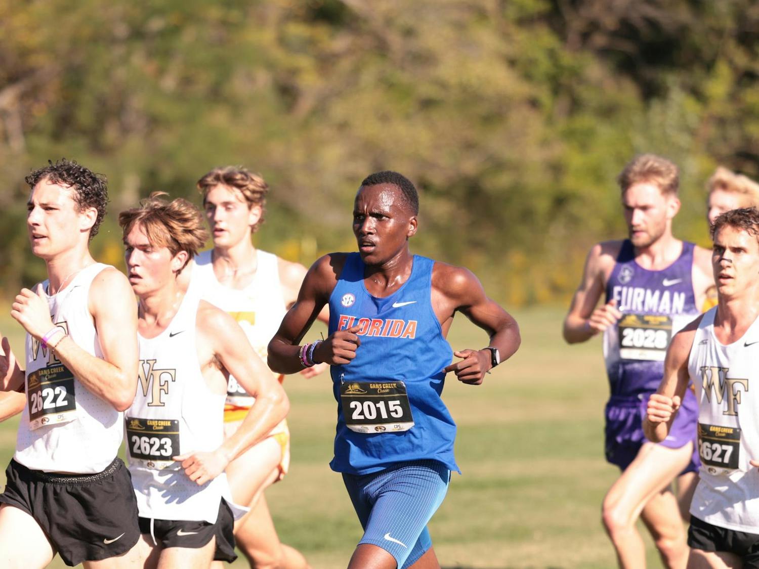 Kelvin Cheruiyot runs during the Gans Creek Classic cross country meet on Friday, September 26, 2025 at Missouri in Columbia, Miz. / UAA Communications photo by Dylan Cannella