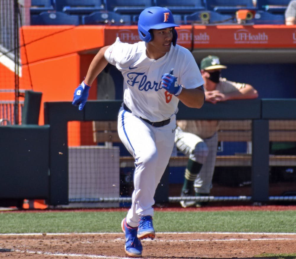 Florida's Kendrick Calilao runs down to first base against Jacksonville March 14. Calilao continued his hot play with another home run Thursday, but Florida fell 6-1 to the No. 1 Razorbacks.