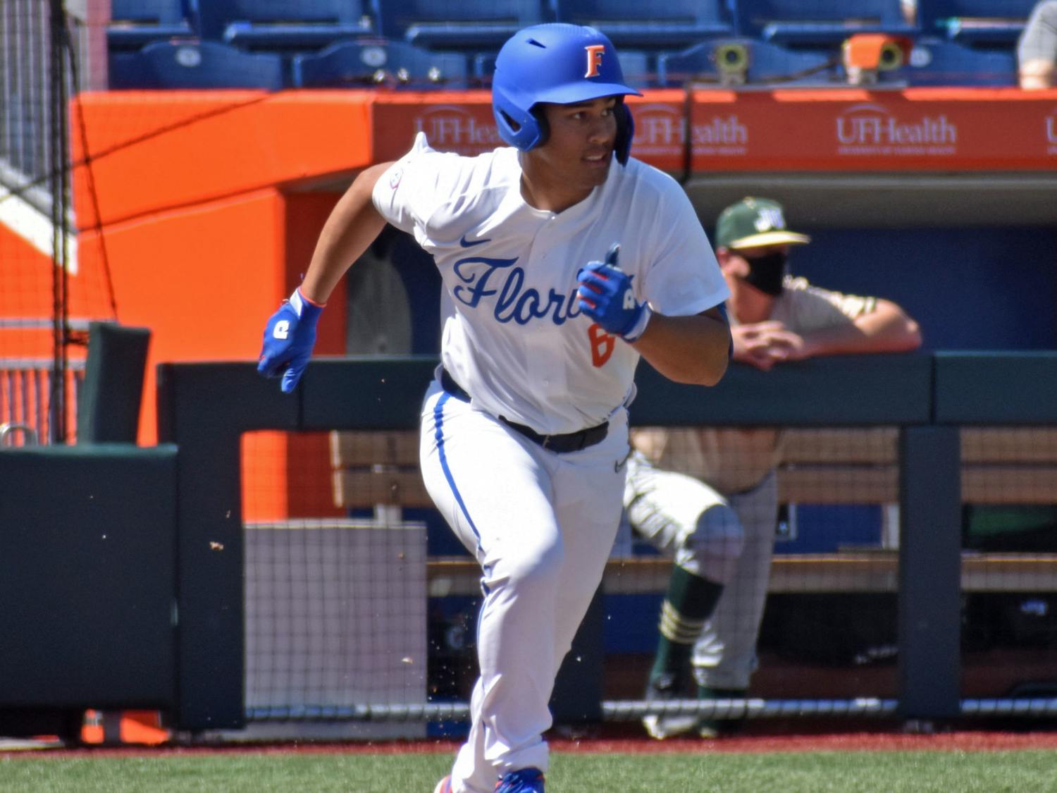 Florida's Kendrick Calilao runs down to first base against Jacksonville March 14. Calilao continued his hot play with another home run Thursday, but Florida fell 6-1 to the No. 1 Razorbacks.