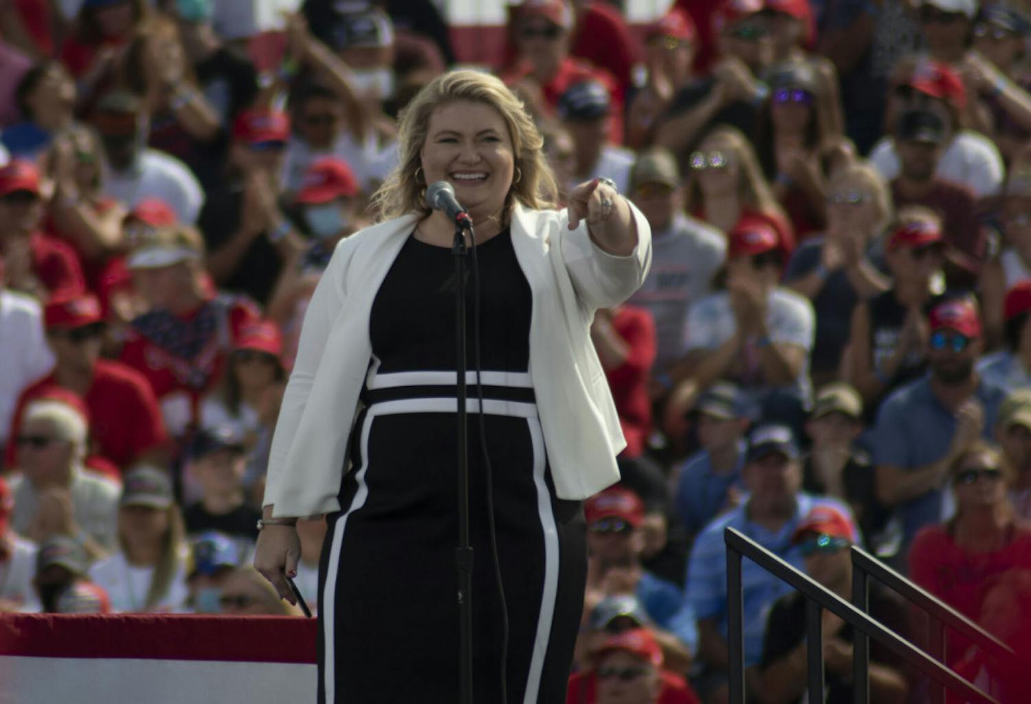 Kat Cammack, winner of the Congressional District 3 race&nbsp;in the 2020 election, is seen giving an opening speech at President Donald Trump's campaign rally last month. The event was held at the Ocala International Airport in Florida on Oct. 16, 2020.&nbsp;