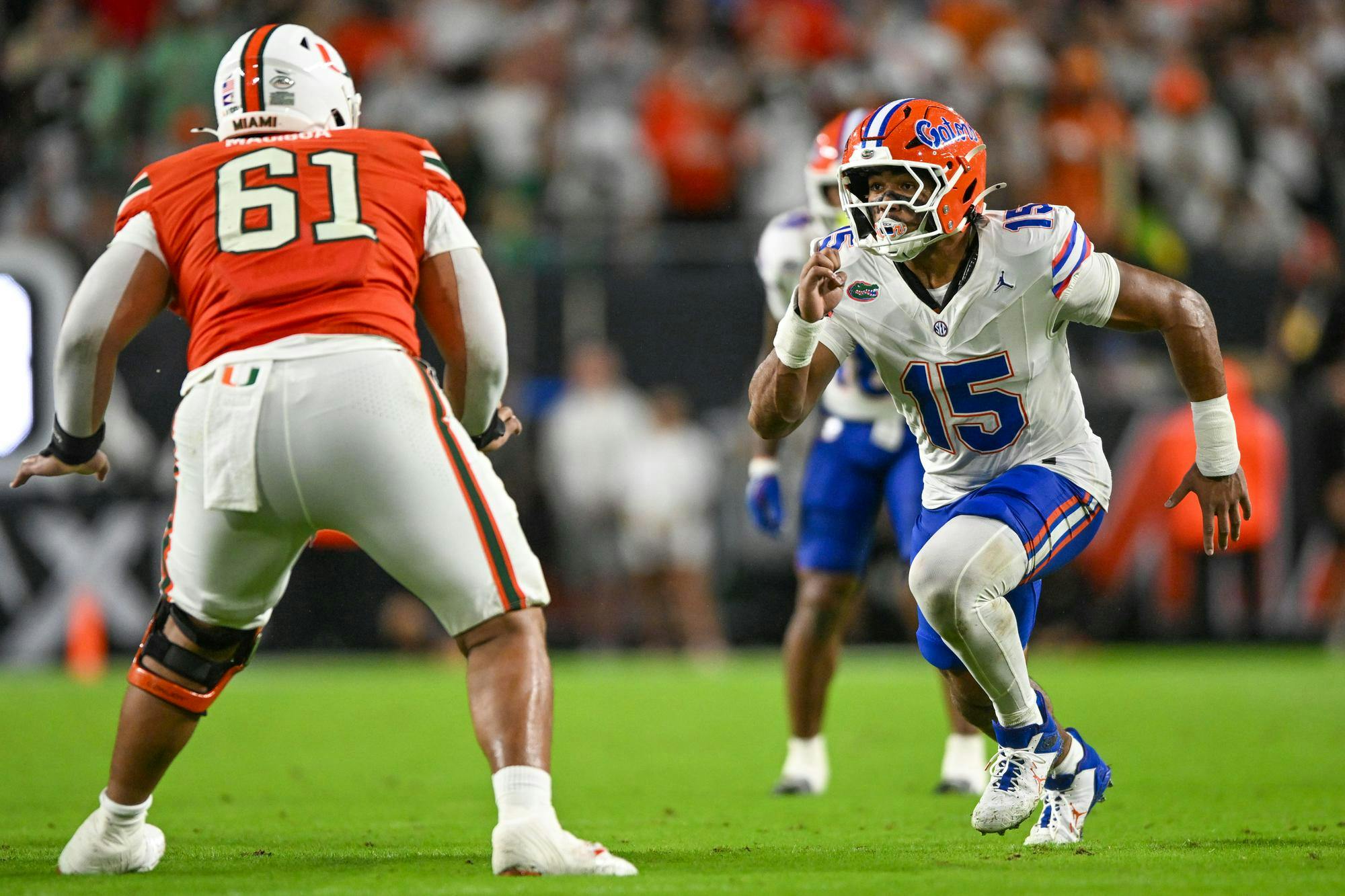 Florida Gators edge rusher Jayden Woods (15) during a football game between the Miami Hurricanes and the Florida Gators on Sept. 20, 2025, at Hard Rock Stadium in Miami Gardens, Fla.