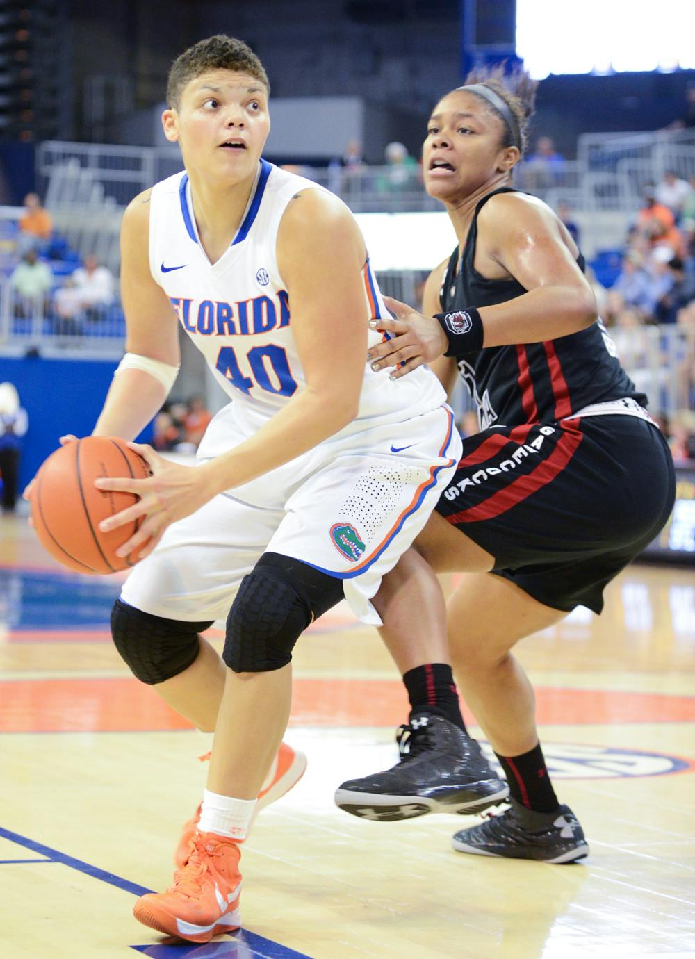 Sydney Moss (40) pivots in Florida’s 52-44 loss to South Carolina on Jan. 20 in the O’Connell Center. Moss scored a career-high 22 points in Florida's 82-73 loss to Tennessee on Friday. 
