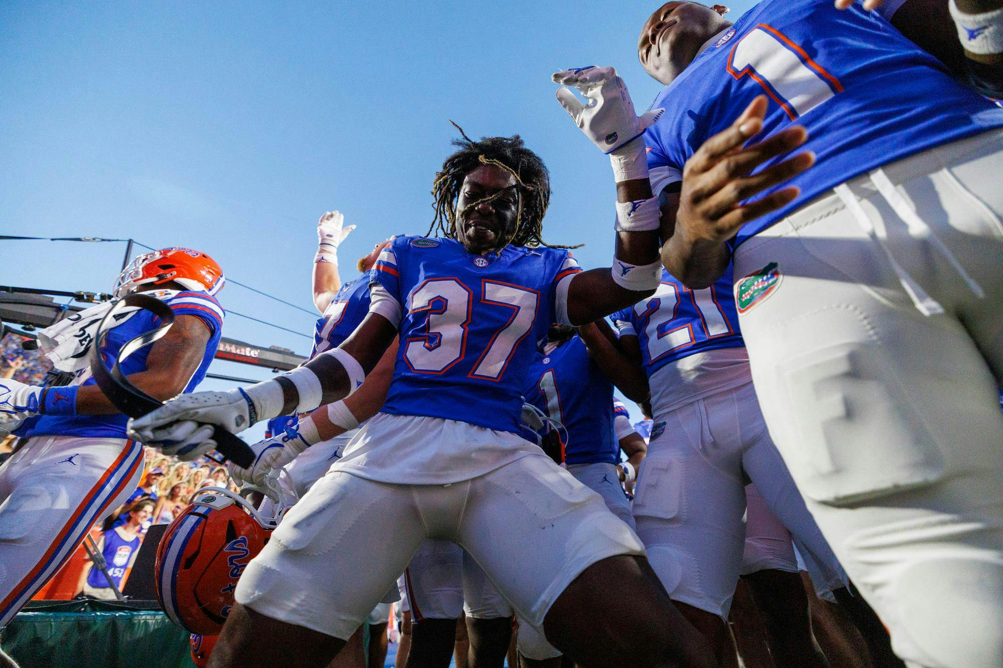 Florida cornerback Javion Toombs (37) celebrates after an NCAA college football game against Ole Miss, Saturday, Sept. 26, 2026, in Gainesville, Fla.