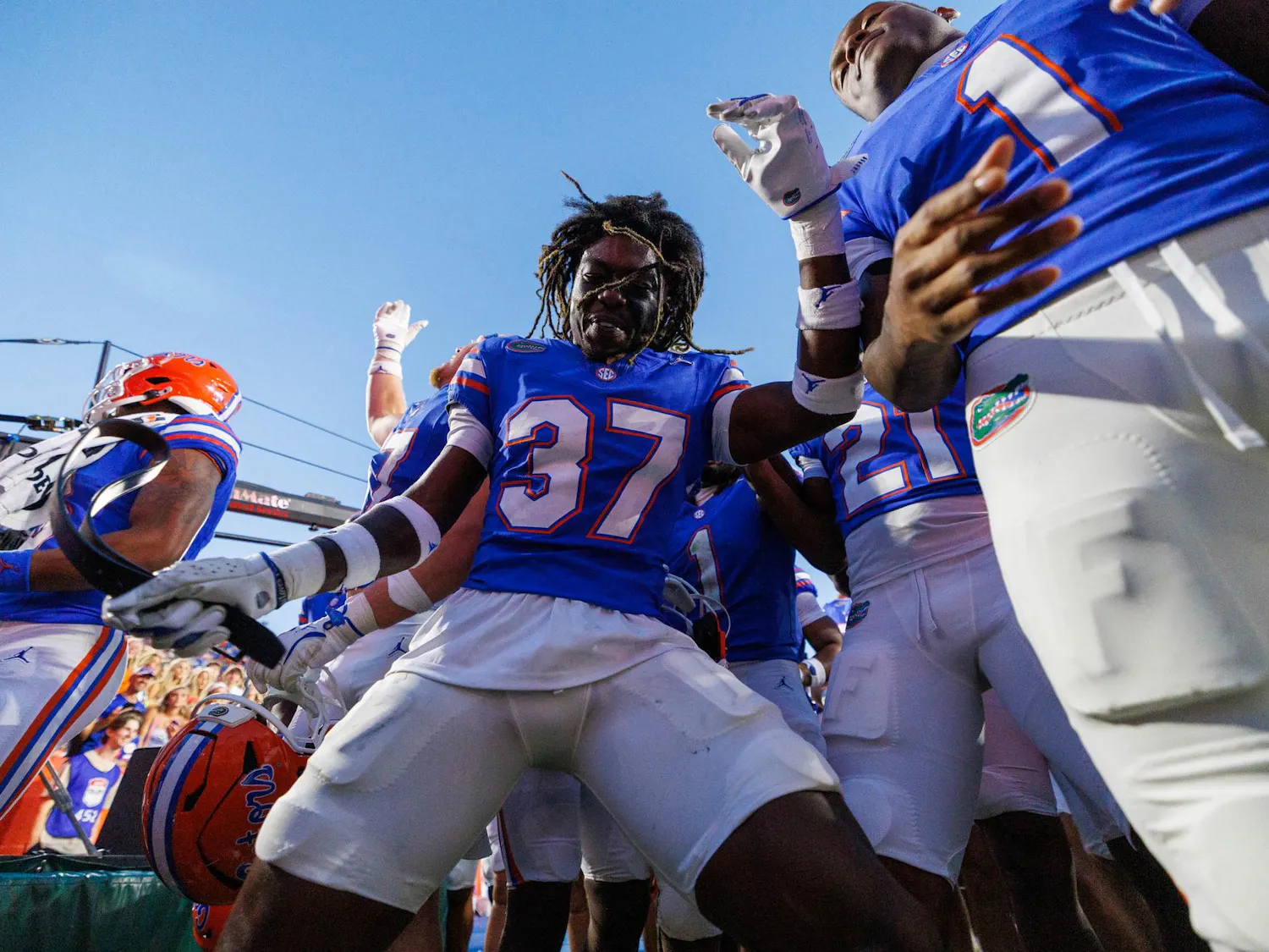 Florida cornerback Javion Toombs (37) celebrates after an NCAA college football game against Ole Miss, Saturday, Sept. 26, 2026, in Gainesville, Fla.