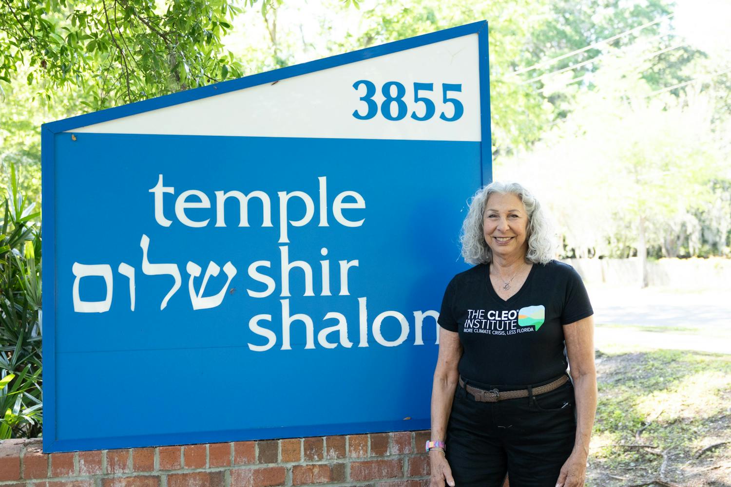 CLEO member Ellen Siegel stands in front of Temple Shir Shalom on Saturday, March 30, 2024.