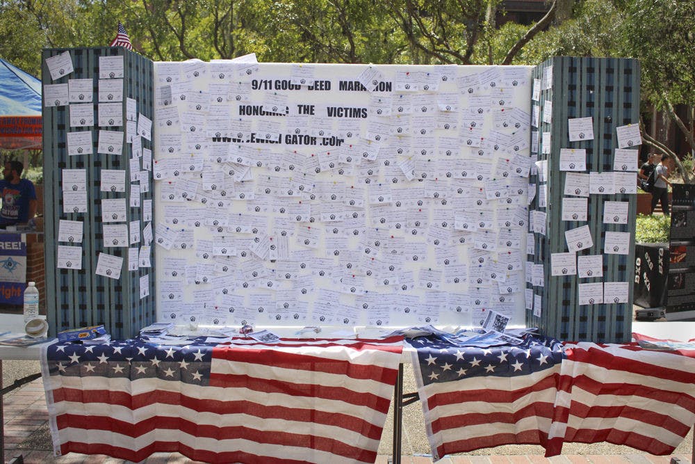 <p>Lubavitch-Chabad Jewish Student Center and the Lubavitch-Chabad Student Group setup a memorial board and replica twin towers for the Sept. 11 victims in Turlington Plaza Friday. Representatives of the Center and club urged students to write down good deeds on slips of paper and attach them to the display.</p>