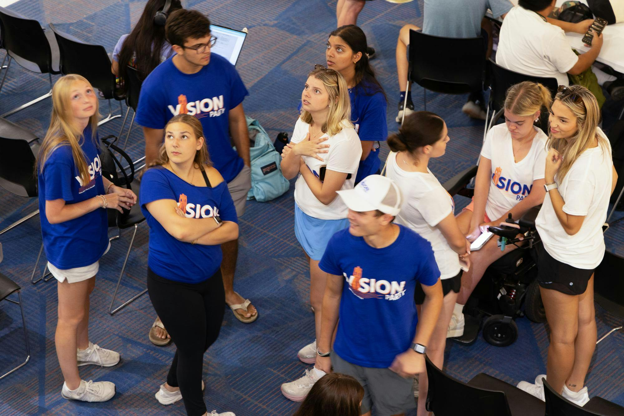 Members of Vision Party await the results of the Fall 2026 student government elections in the Reitz Union on UF's campus, Wednesday, Sept. 30, 2026.