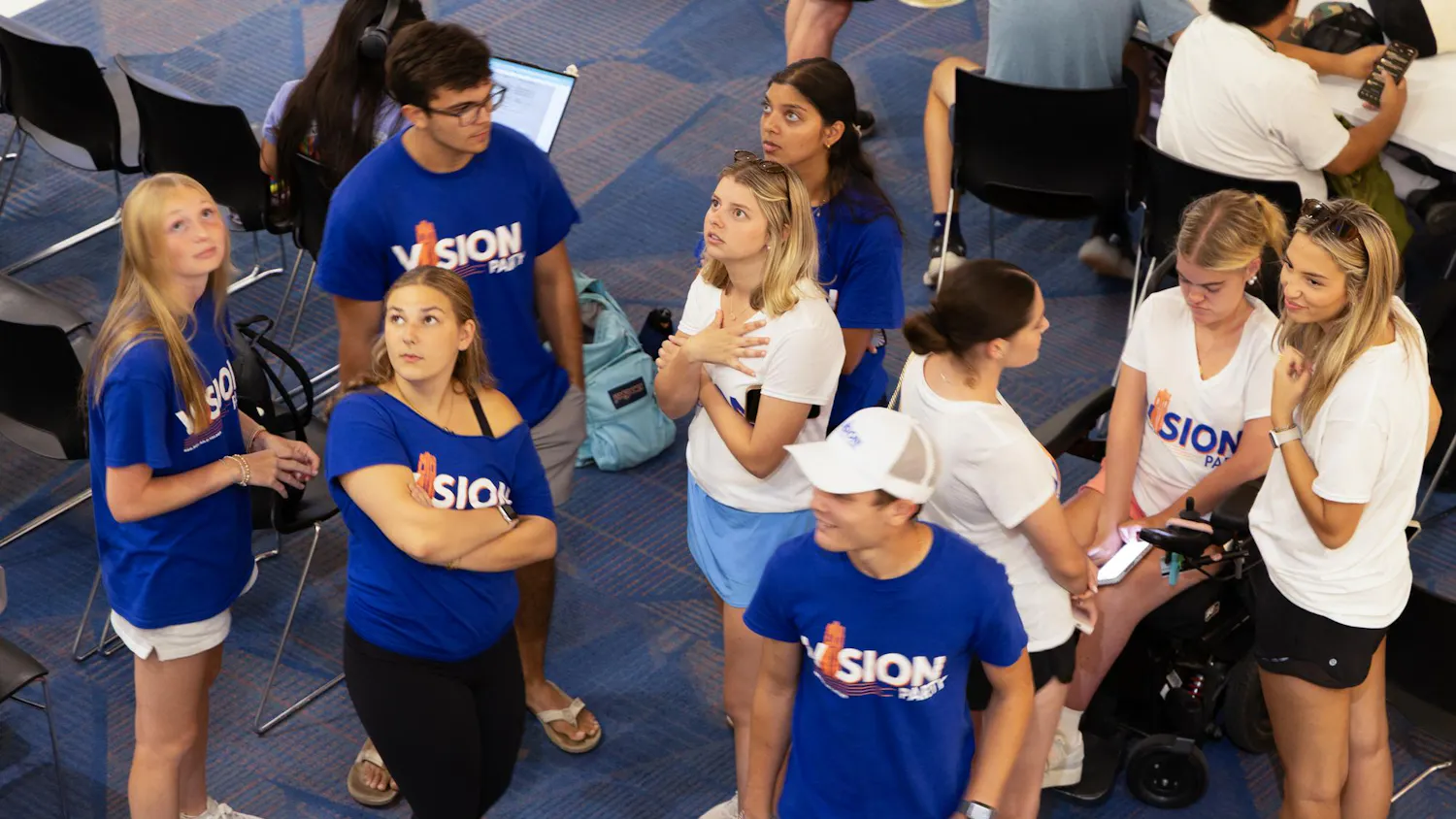 Members of Vision Party await the results of the Fall 2026 student government elections in the Reitz Union on UF's campus, Wednesday, Sept. 30, 2026.
