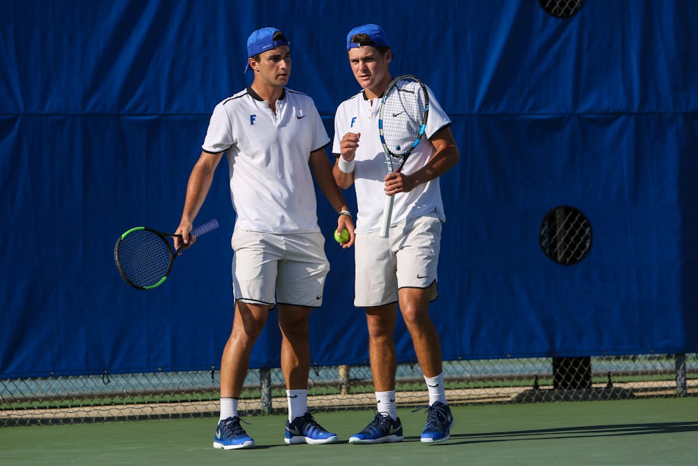 <p>The doubles duo of junior McClain Kessler (right) and Duarte Vale (left) dropped it's NCAA quarterfinals matchup against Ohio State's <span id="docs-internal-guid-e2929495-a297-26eb-1fb2-4620ce9886f4"><span>Martin Joyce and</span><span> </span><span>Mikael Torpegaard, 6-3, 6-2. Florida's season ended with the doubles defeat. </span></span></p>