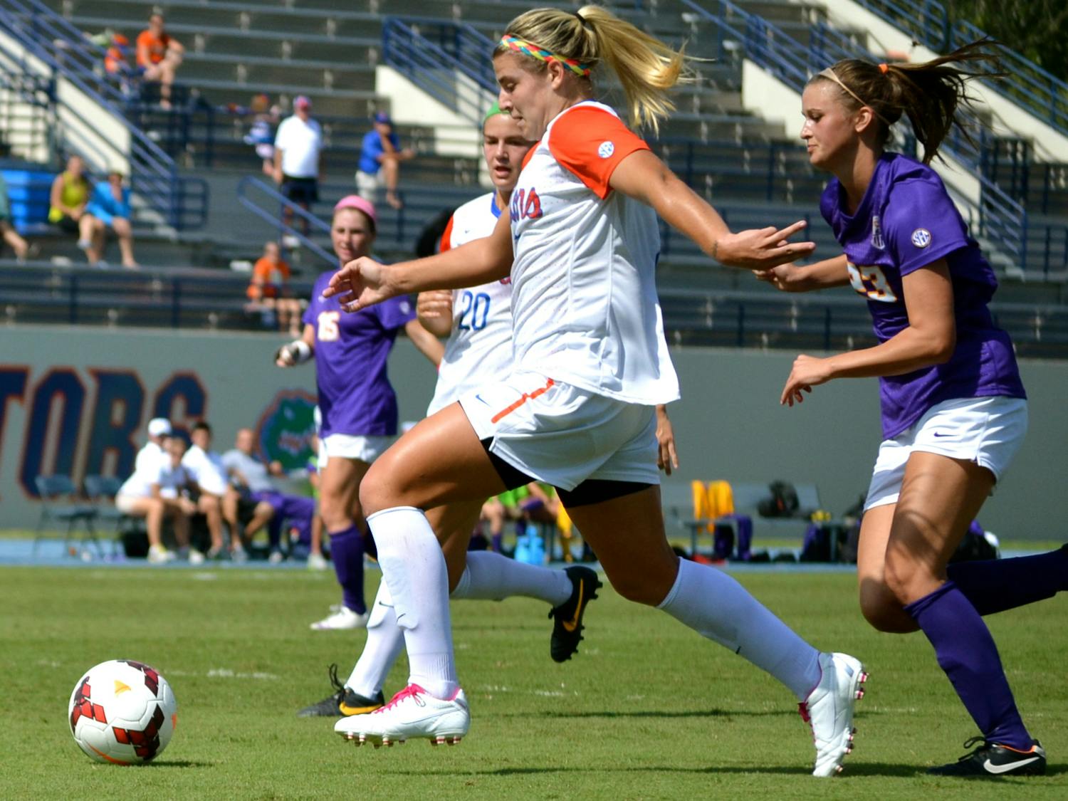 Savannah Jordan dribbles the ball during UF's 3-0 win against LSU on Oct. 20, 2013, at James G. Pressly Stadium.